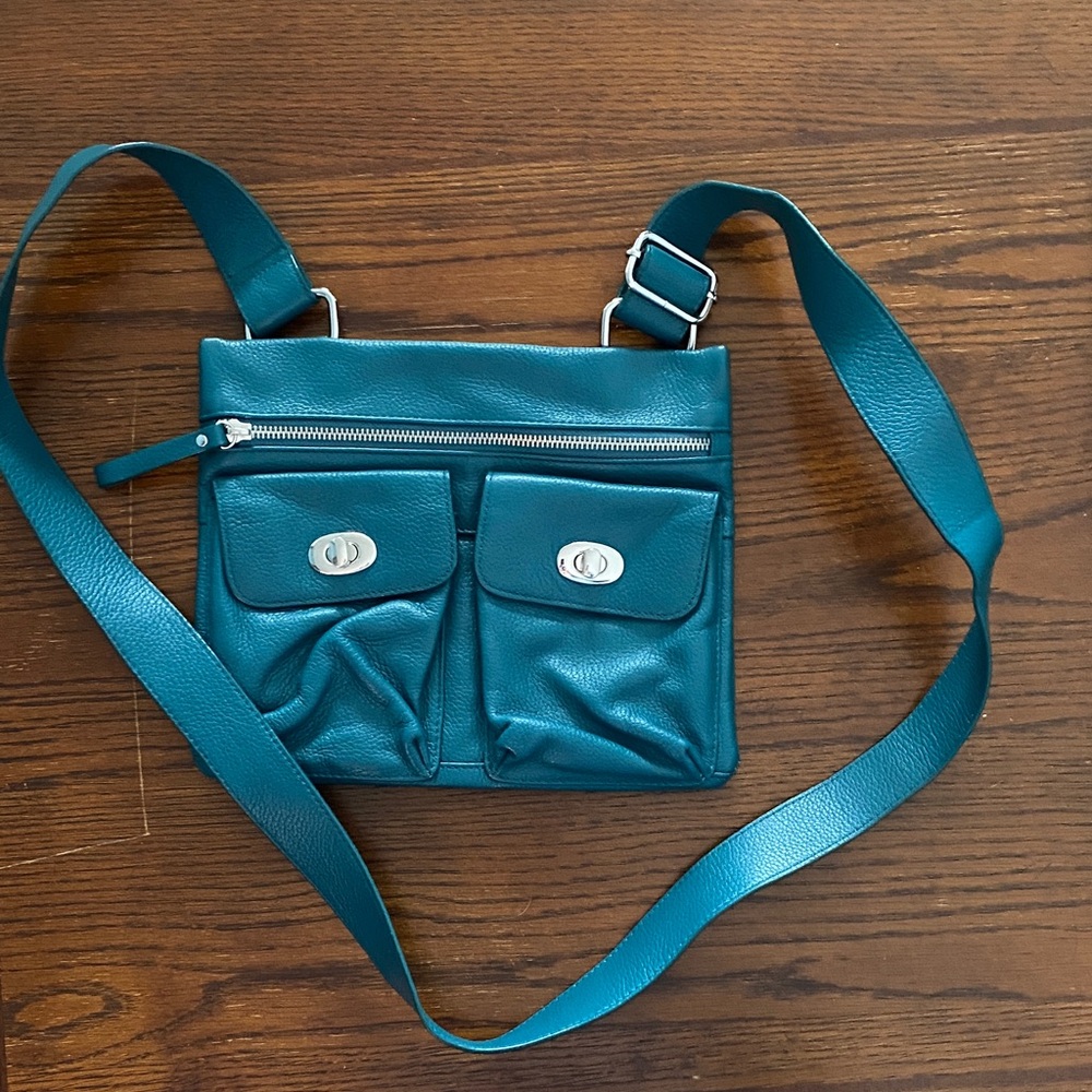 Danier Teal Leather Crossbody with Front Zipper Detail